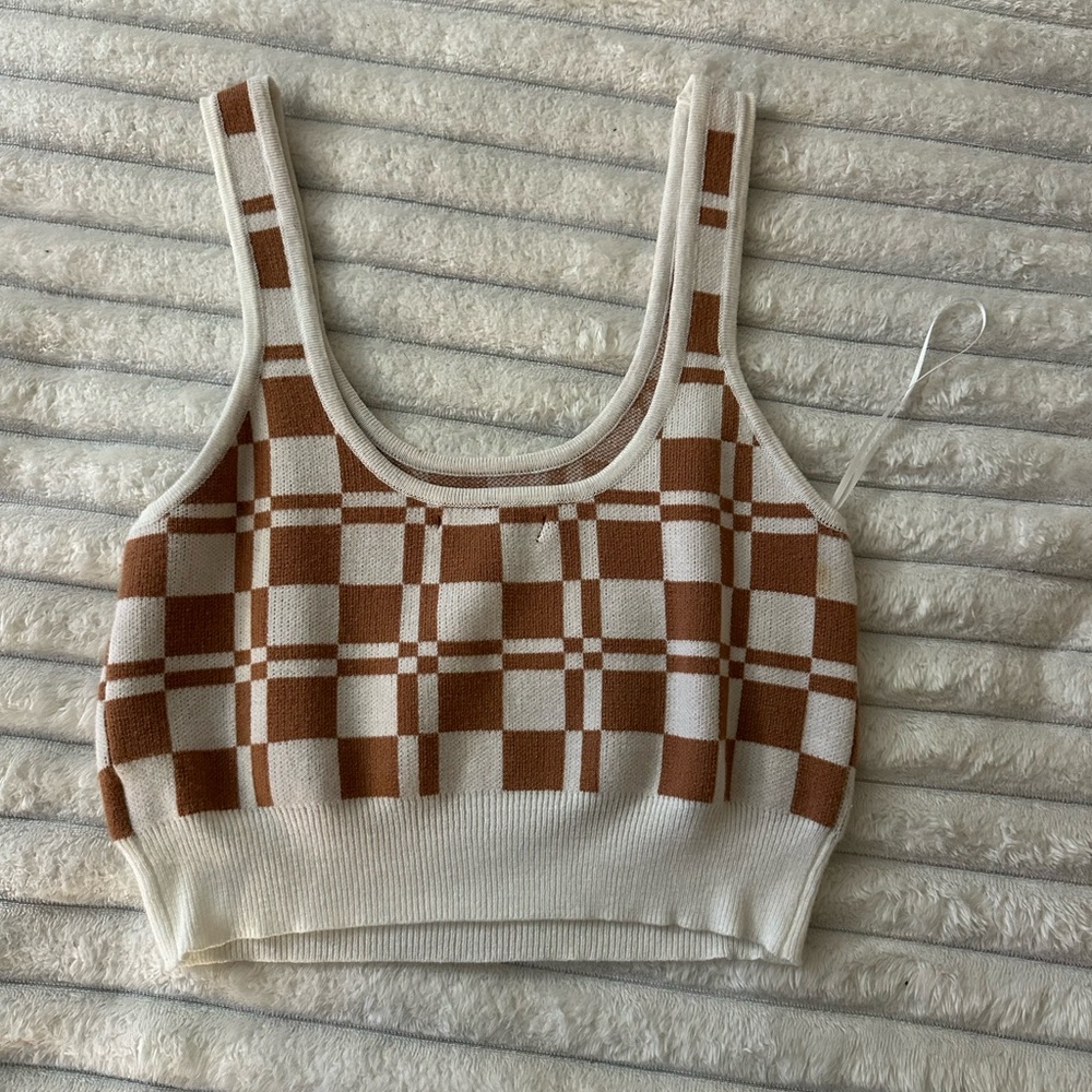 Brown and White Checkered Knit Crop Top